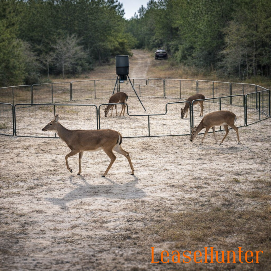 Whitetail deer inside protected feeder pen on managed East Texas hunting property at Blue Water Reserve
